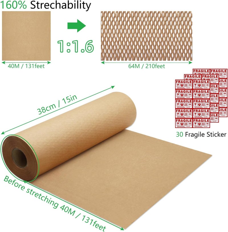 Pine nuts Honeycomb Packing Paper 15" x 131' Eco Friendly Packing for Moving Recyclable Honeycomb Paper Bubble Wrapping with 30 Fragile Sticker Labels and 66fthemp rope (Brown) - Image 3